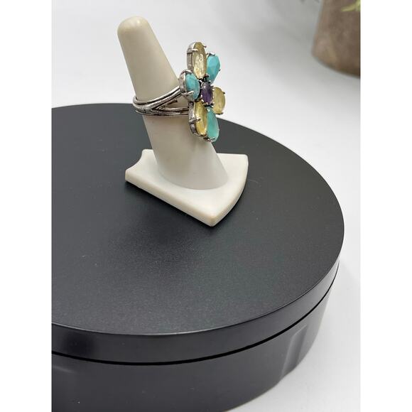 Lucky Brand Flower Resin Glass Amethyst Blue Yellow Purple Ring Sz 7 - Picture 4 of 7